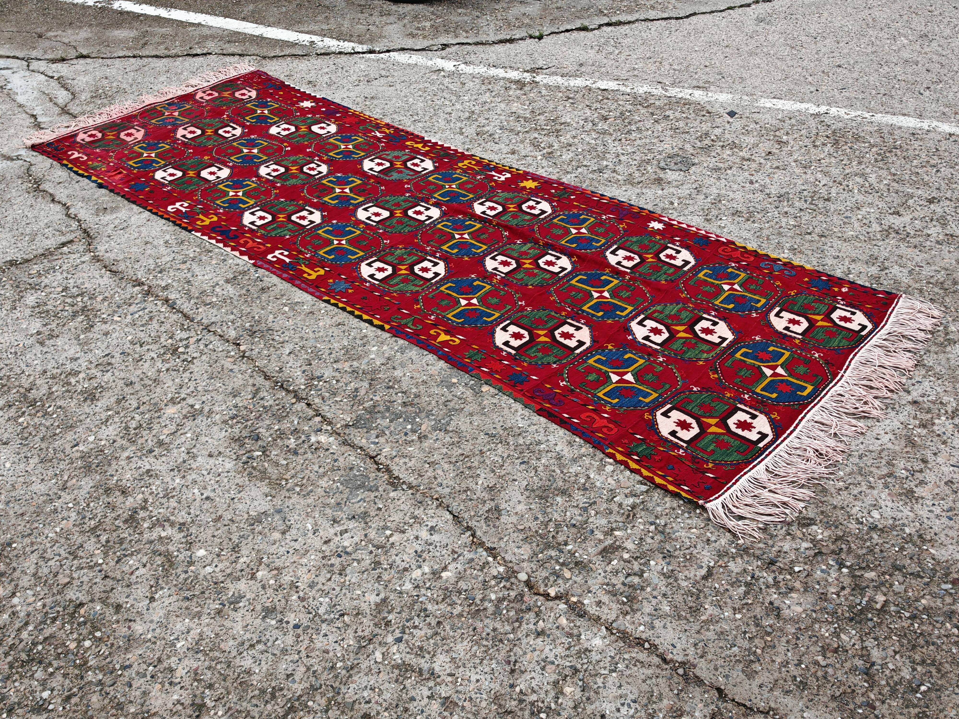Ancient Uzbek Carpet Mixed Technique Flat Woven, Early 20th Century