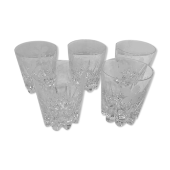 Series of 5 crystal whisky glasses engraved vine
