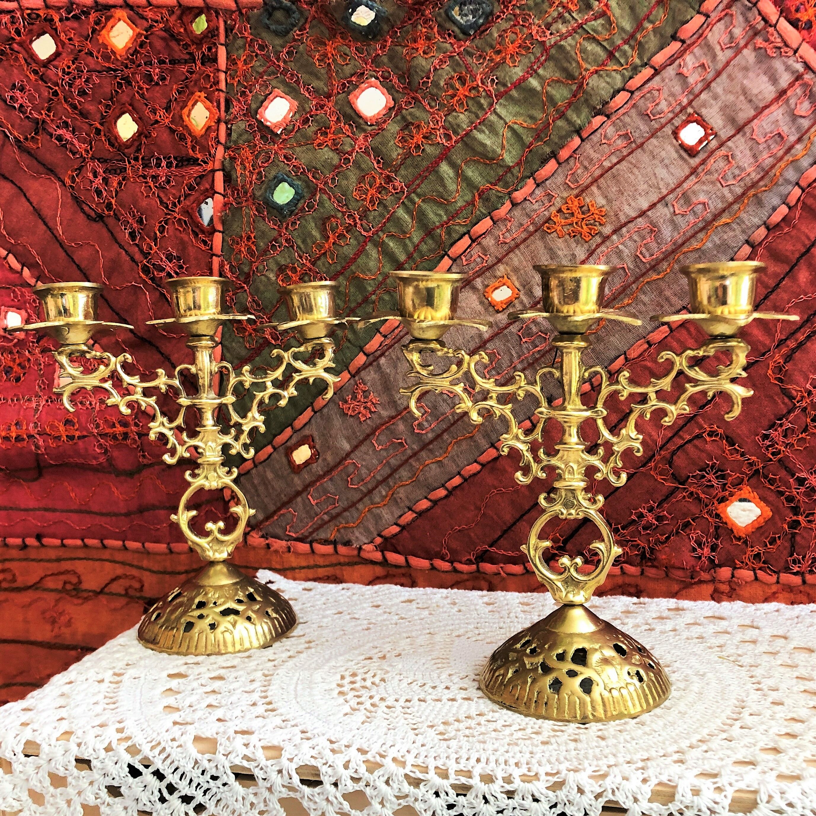 Pair of candlesticks 3 branches golden brass