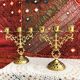 Pair of candlesticks 3 branches golden brass