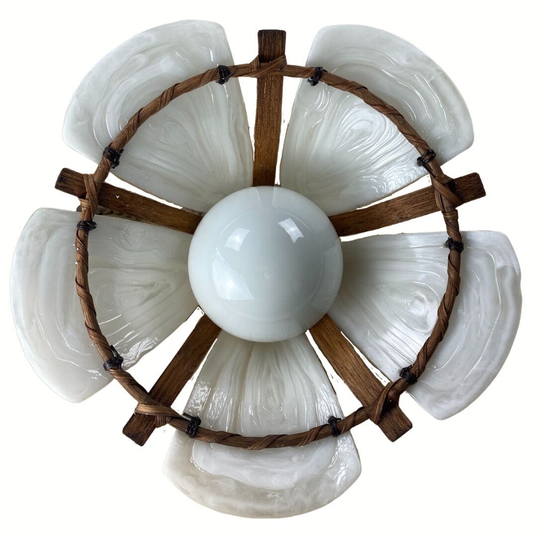 Bamboo acrylic and opaline hanging pendant, 1970,  58cm