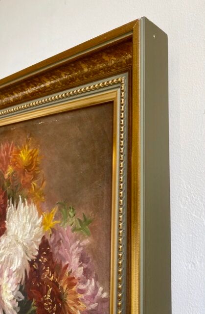 Ancient painting, dead nature with dahlias, signed, dated, late 19th century
