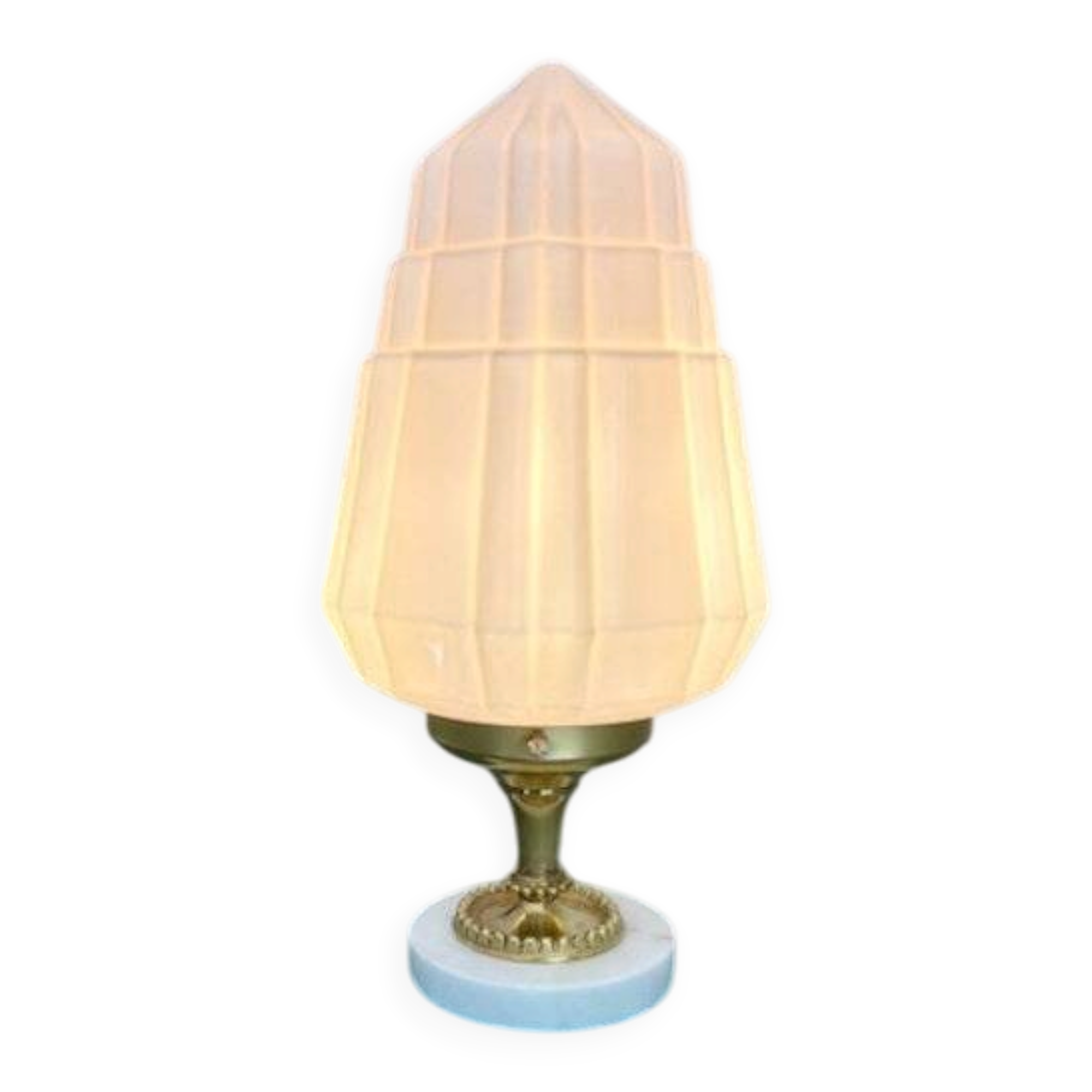 Art Deco lamp with pastel pink opaline globe.