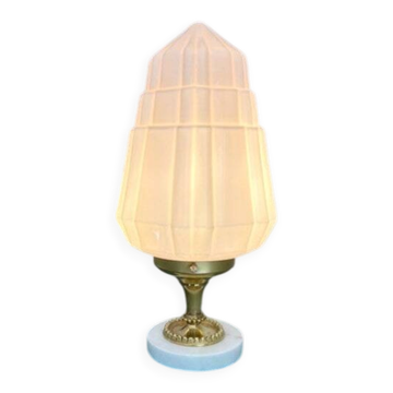 Art Deco lamp with pastel pink opaline globe.