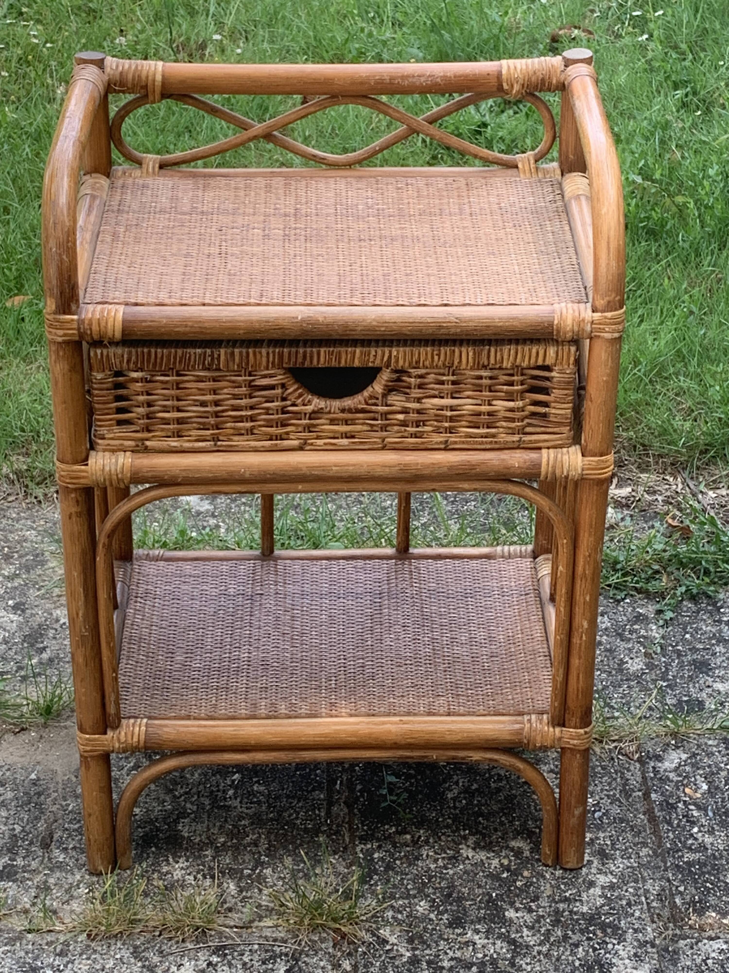 Shelf, side table, bedside table in vintage bamboo and rattan