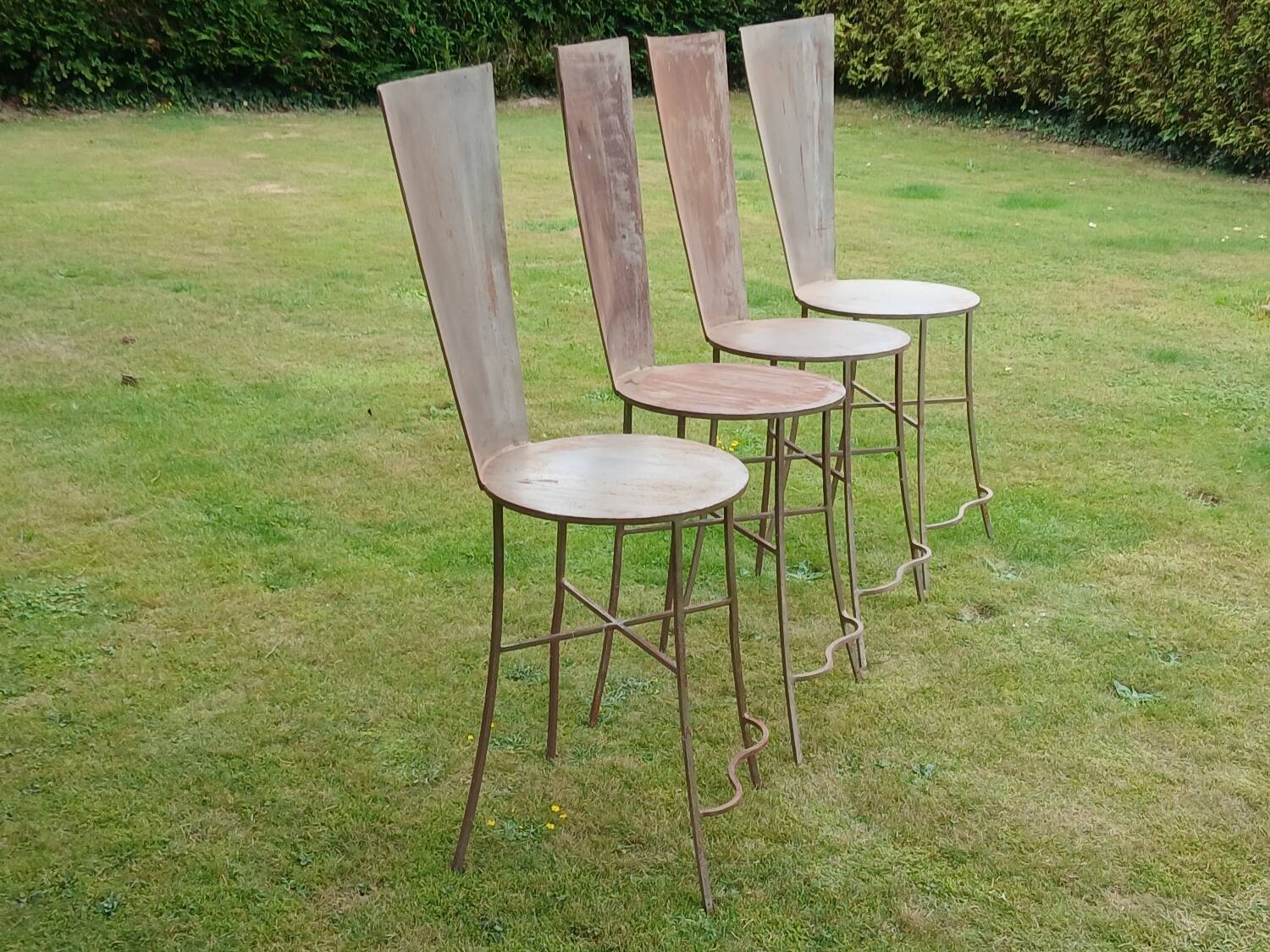 Set of 4 Sculptural Chairs "High Back" - Patinated Raw Metal - D