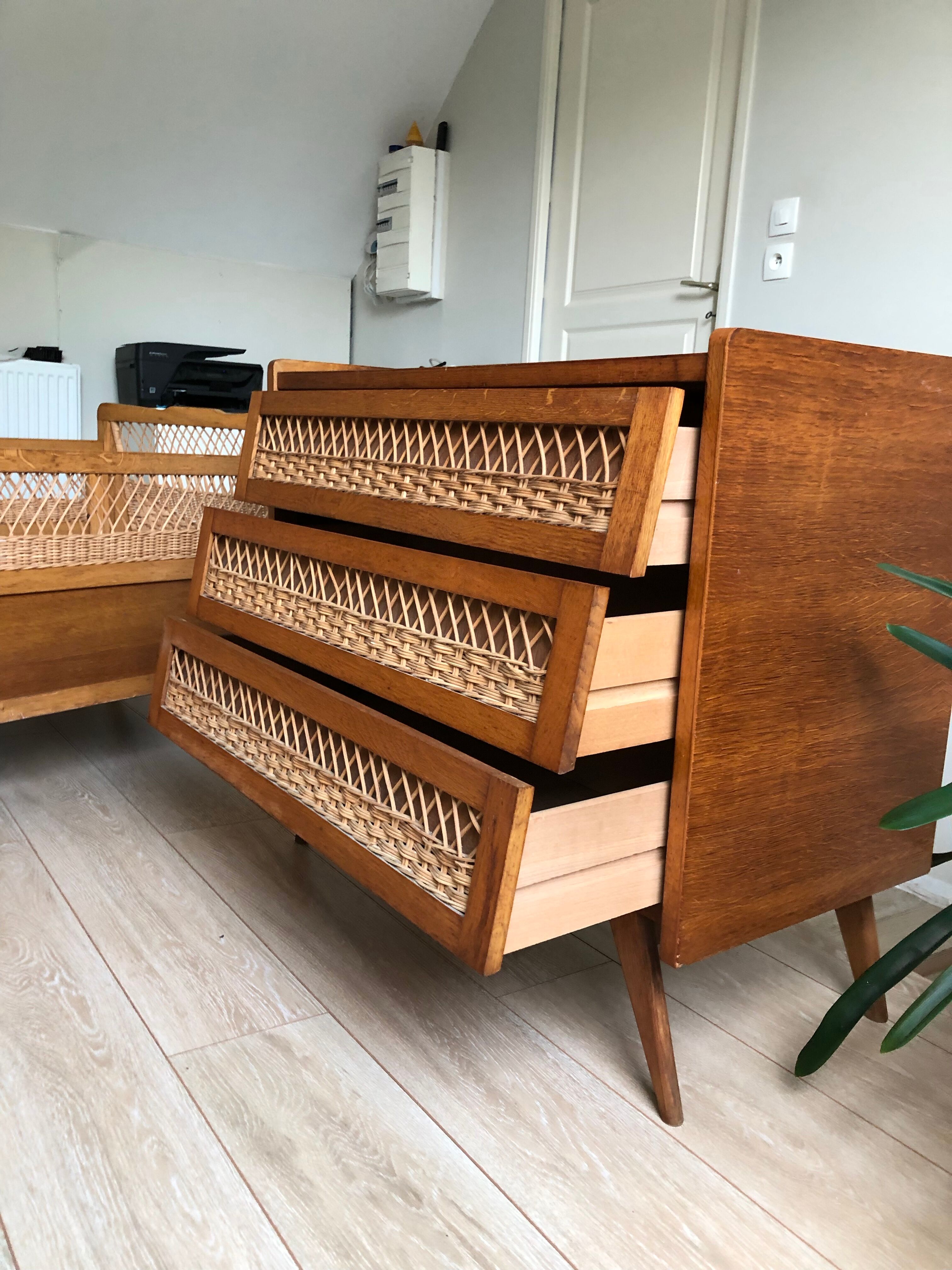 Vintage wood and rattan chest of drawers