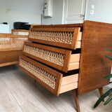 Vintage wood and rattan chest of drawers