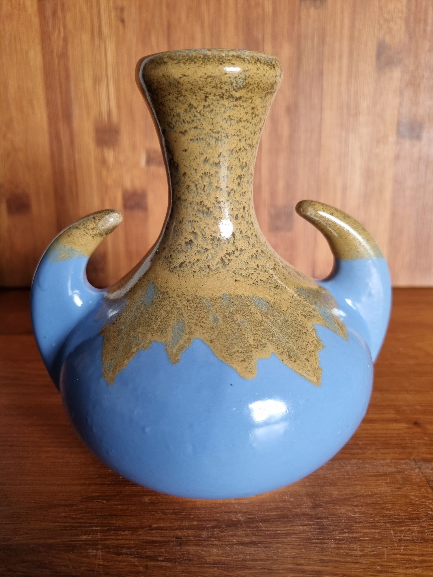 Vintage Alpho vase with beige flame blue ceramic handles