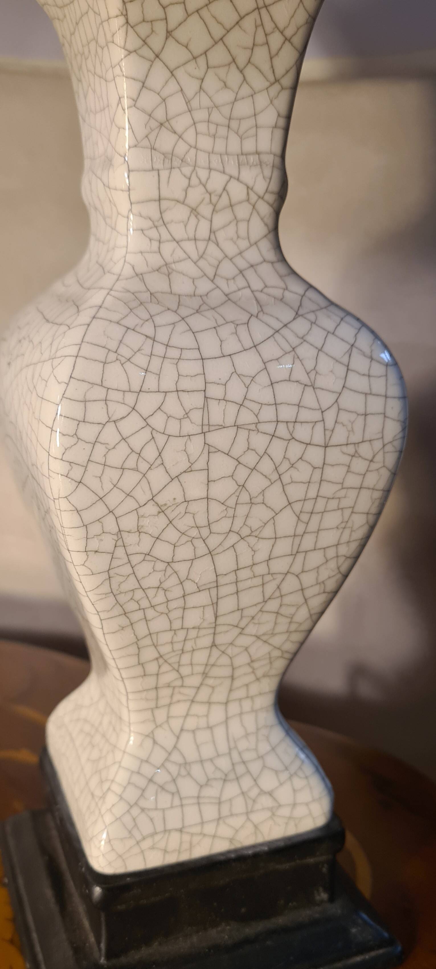 pair of cracked ceramic and wood lamps, 36x23 lampshade and electrical inter o