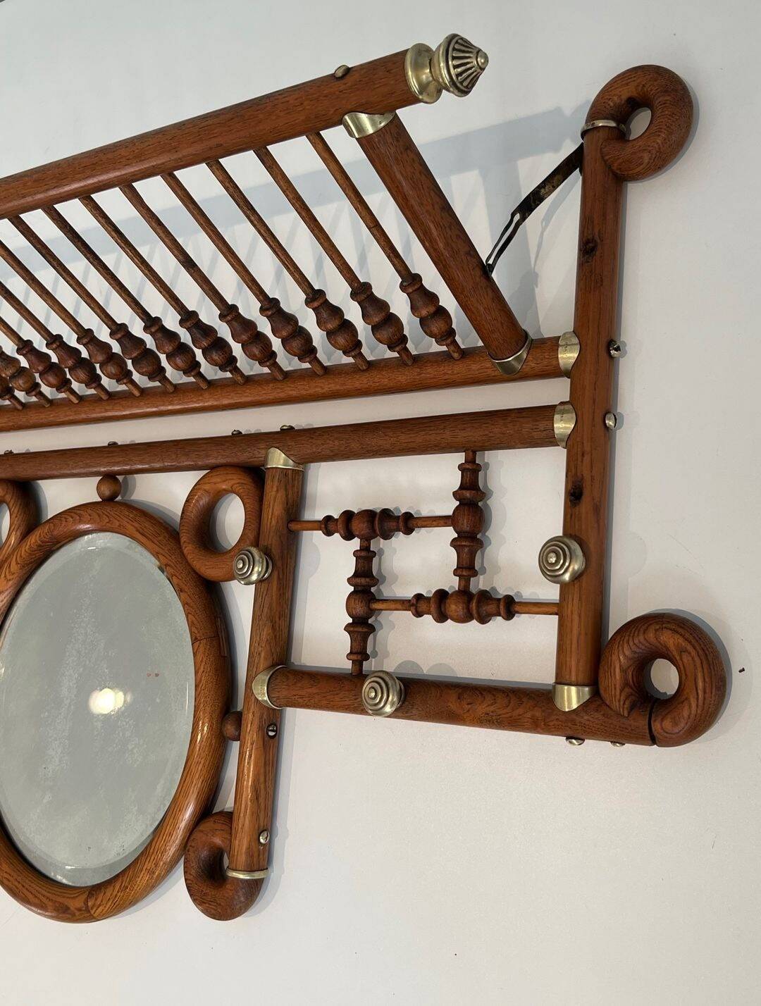 Curved Wooden and Brass Wall Coat Rack, Arts & Crafts, Austria, glass