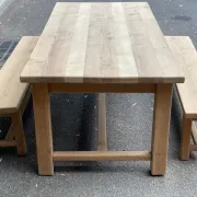 2 stripped farmhouse benches in solid oak, 1970, 175cm.