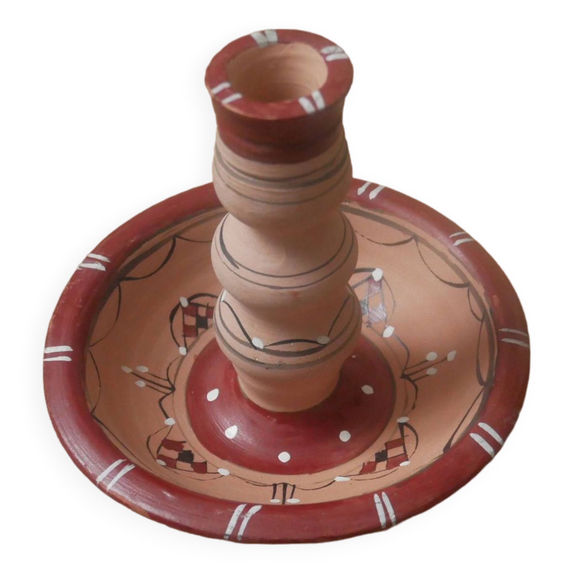 Hand-painted terracotta candle holder artisanal North African ethnic tribal design