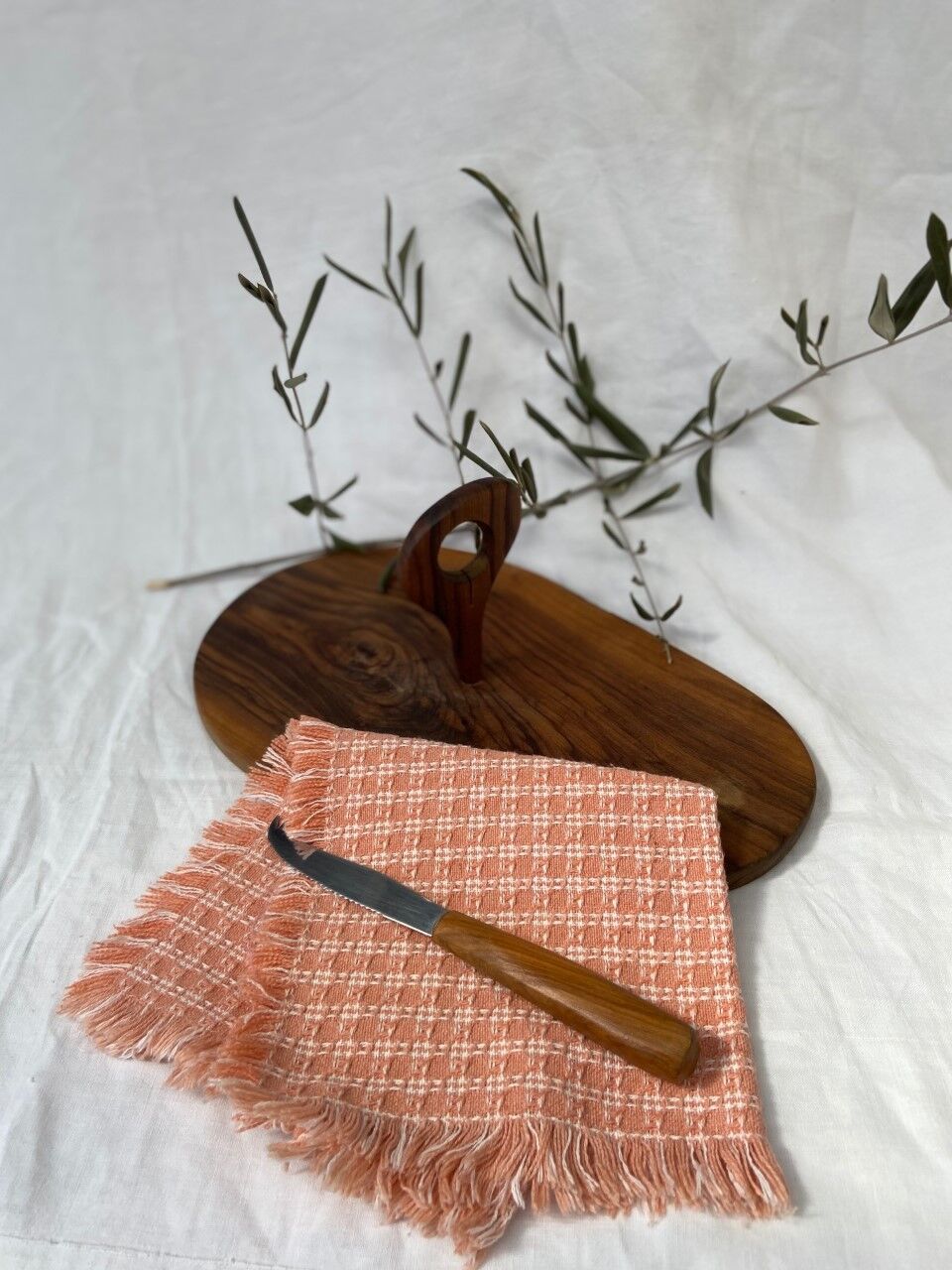 Olive wood cheese platter with knife (probably not original)