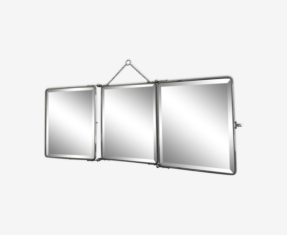 Miroir vintage 1930 immense triptyque barbier cristal simili galuchat bleu 37 x 97 cm