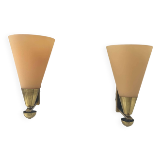 Pair of vintage wall lights, amber glass and patinated brass, France 1960