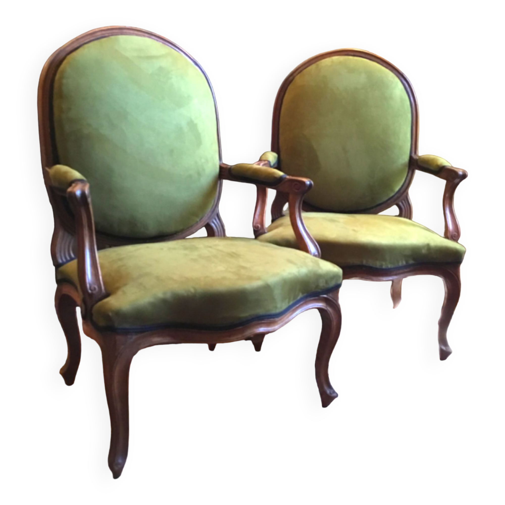 Pair of wide Louis XV armchairs reupholstered to new.
