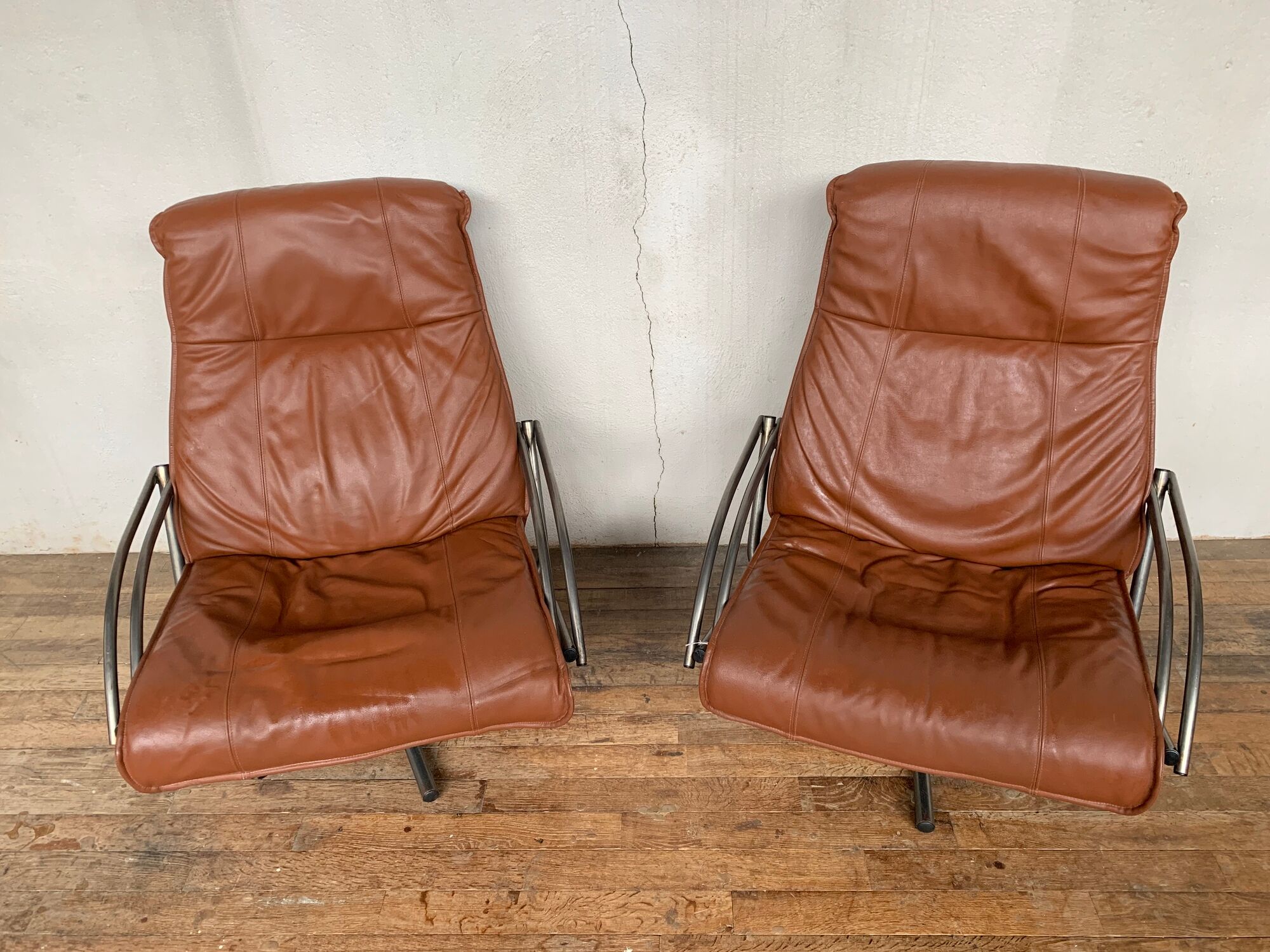 Pair of Scandinavian leather relax vintage armchairs brand Kebe