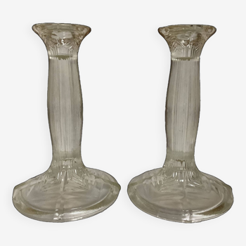 Pair of geometric art deco molded glass candlesticks