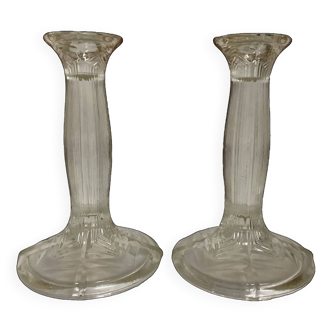 Pair of geometric art deco molded glass candlesticks