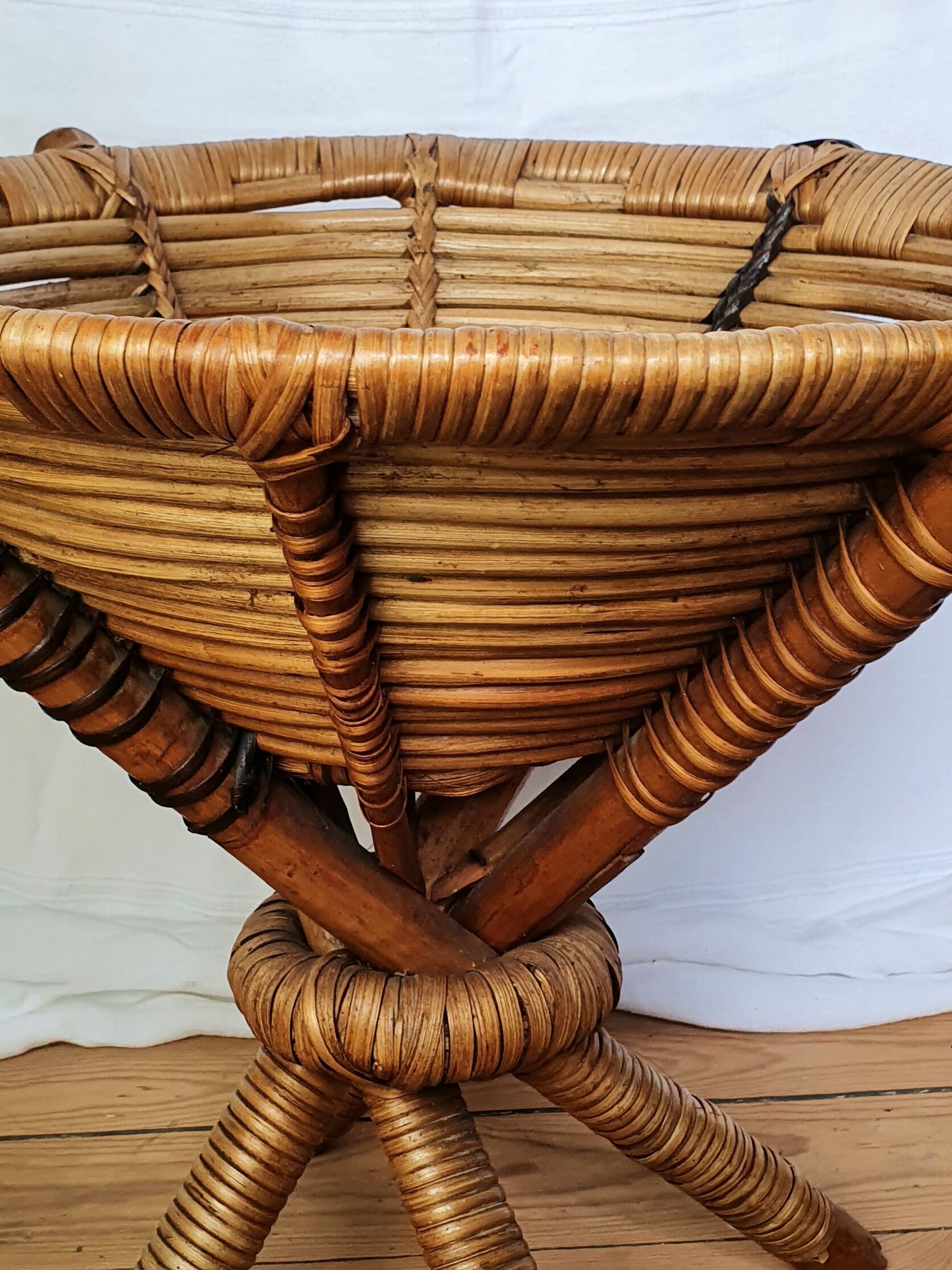 Basket on wooden and woven wicker legs 1950