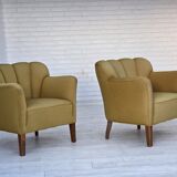 1960s, pair of Danish armchairs, green furniture wool, ash wood legs.