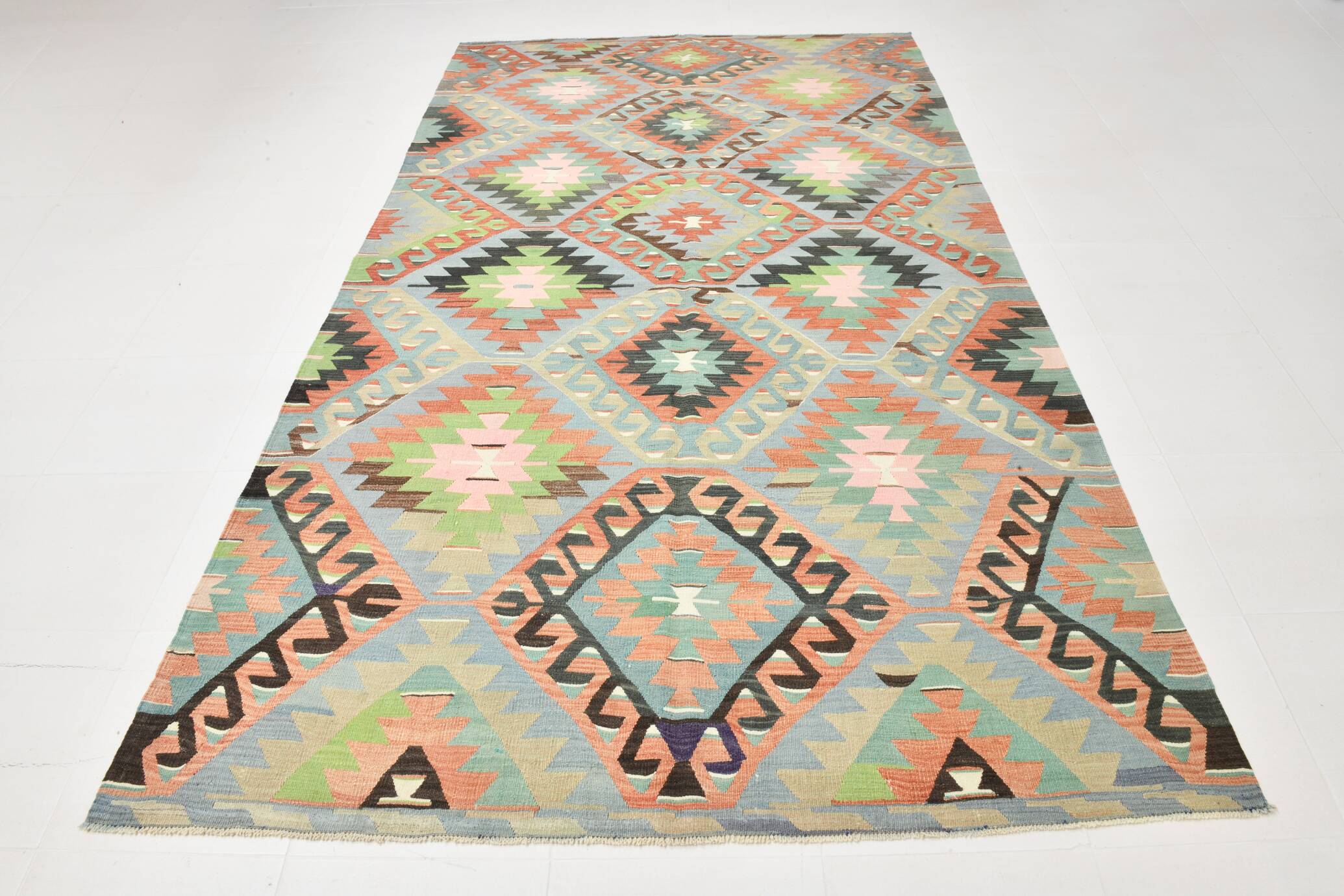 6x10 Light Blue & Green Goemetric Kilim Rug, Handmade Wool Bedroom Carpet