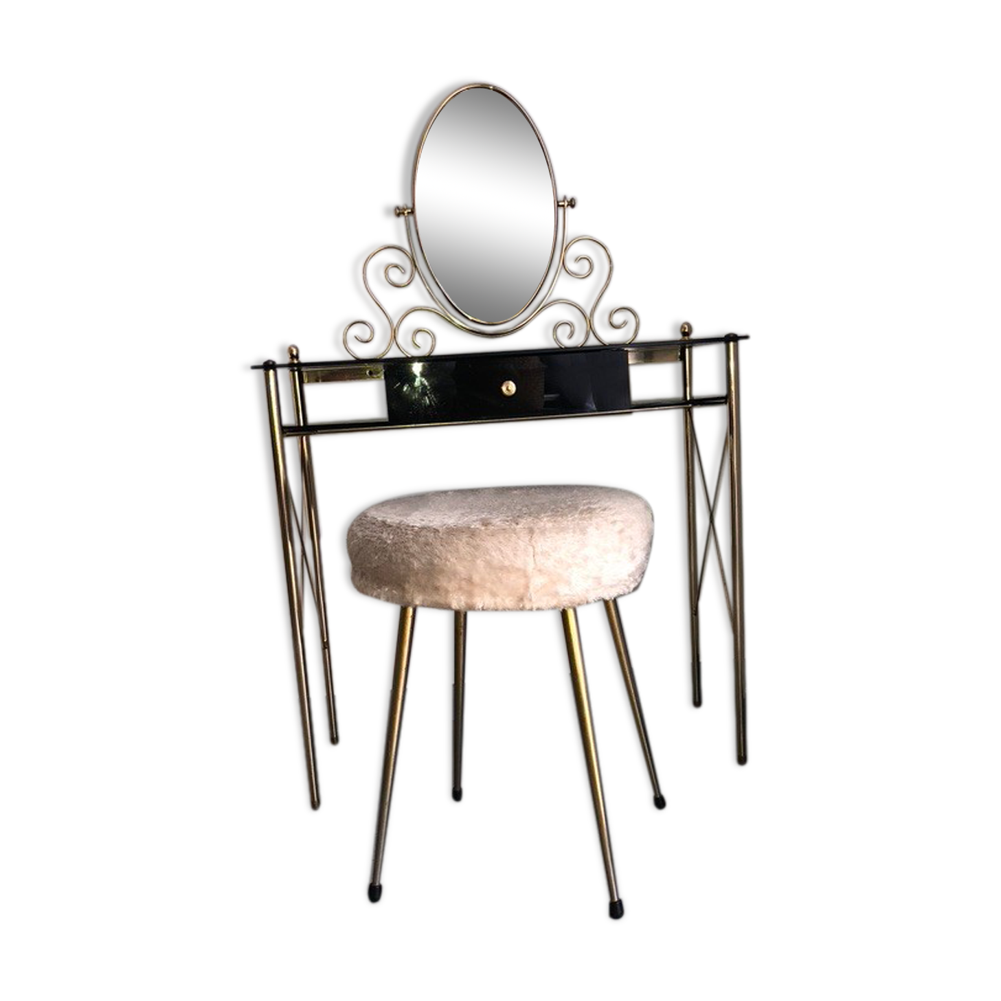 Brass hairdresser, glass and black plastic with its fluffy stool.