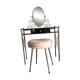 Brass hairdresser, glass and black plastic with its fluffy stool.