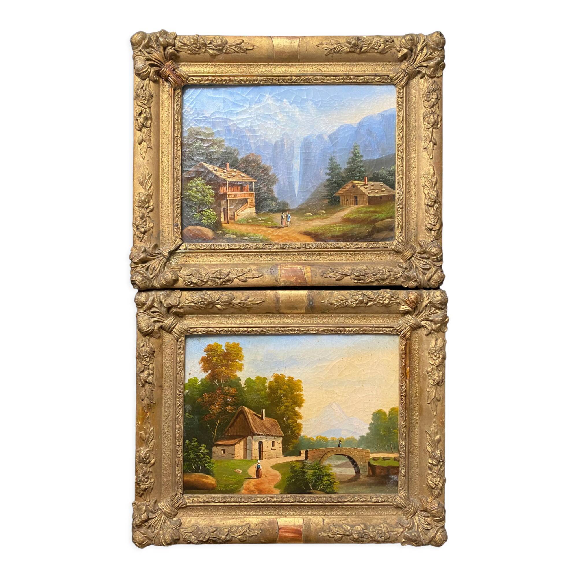 Counterpart of HST paintings "Animated mountain landscape" XIX° + frame