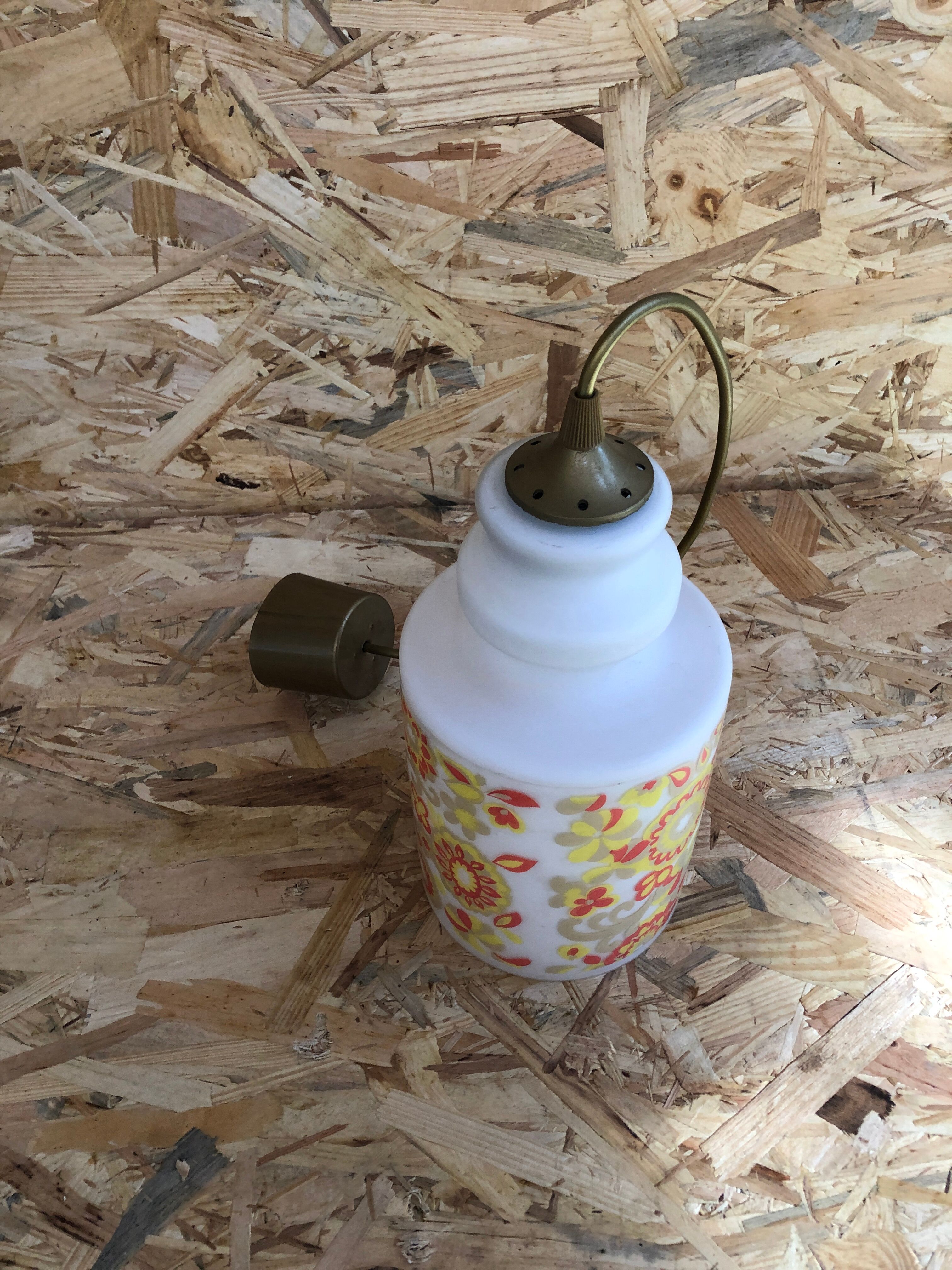 Old White Opaline Pendant Lamp + Yellow Orange Decor 70s Vintage