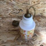 Ancienne Suspension Opaline Blanche + Décor Jaune Orange Années 70 Vintage
