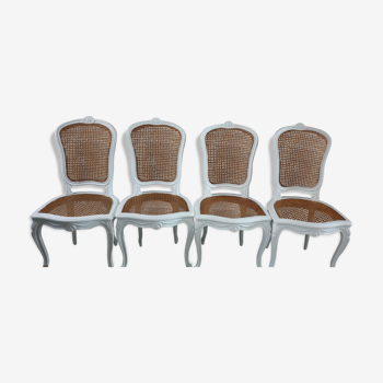 Lot de 4 chaises style Louis XV cannées blanc et naturel