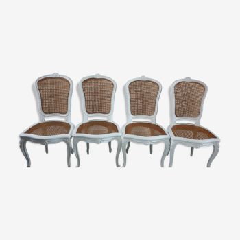 Lot of 4 chairs style Louis XV cane white and natural