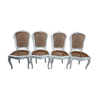 Lot of 4 chairs style Louis XV cane white and natural