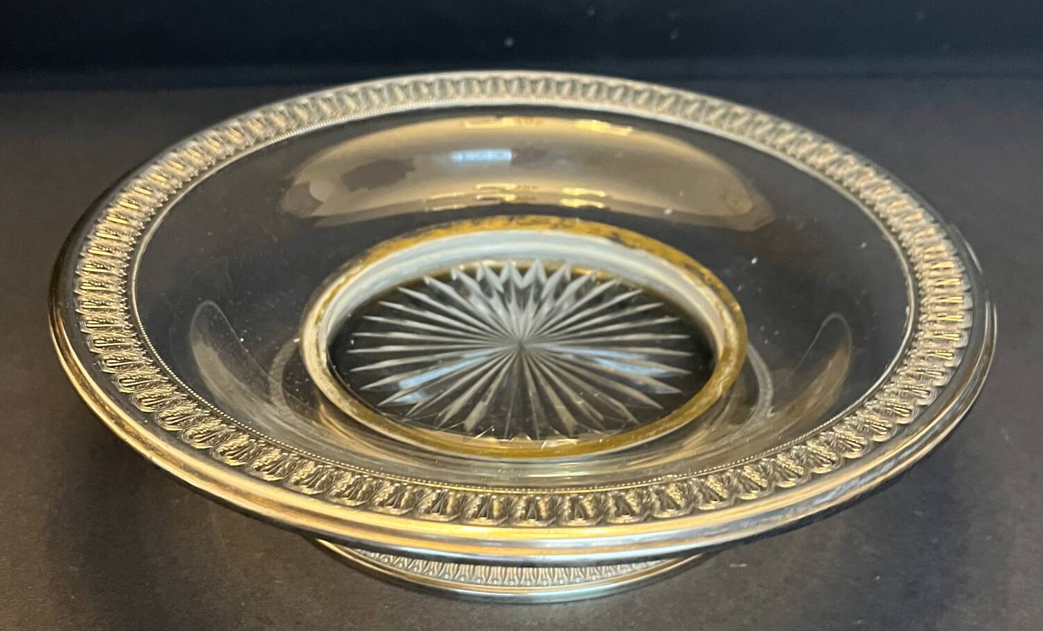 Cut glass and silver metal dish on pedestal