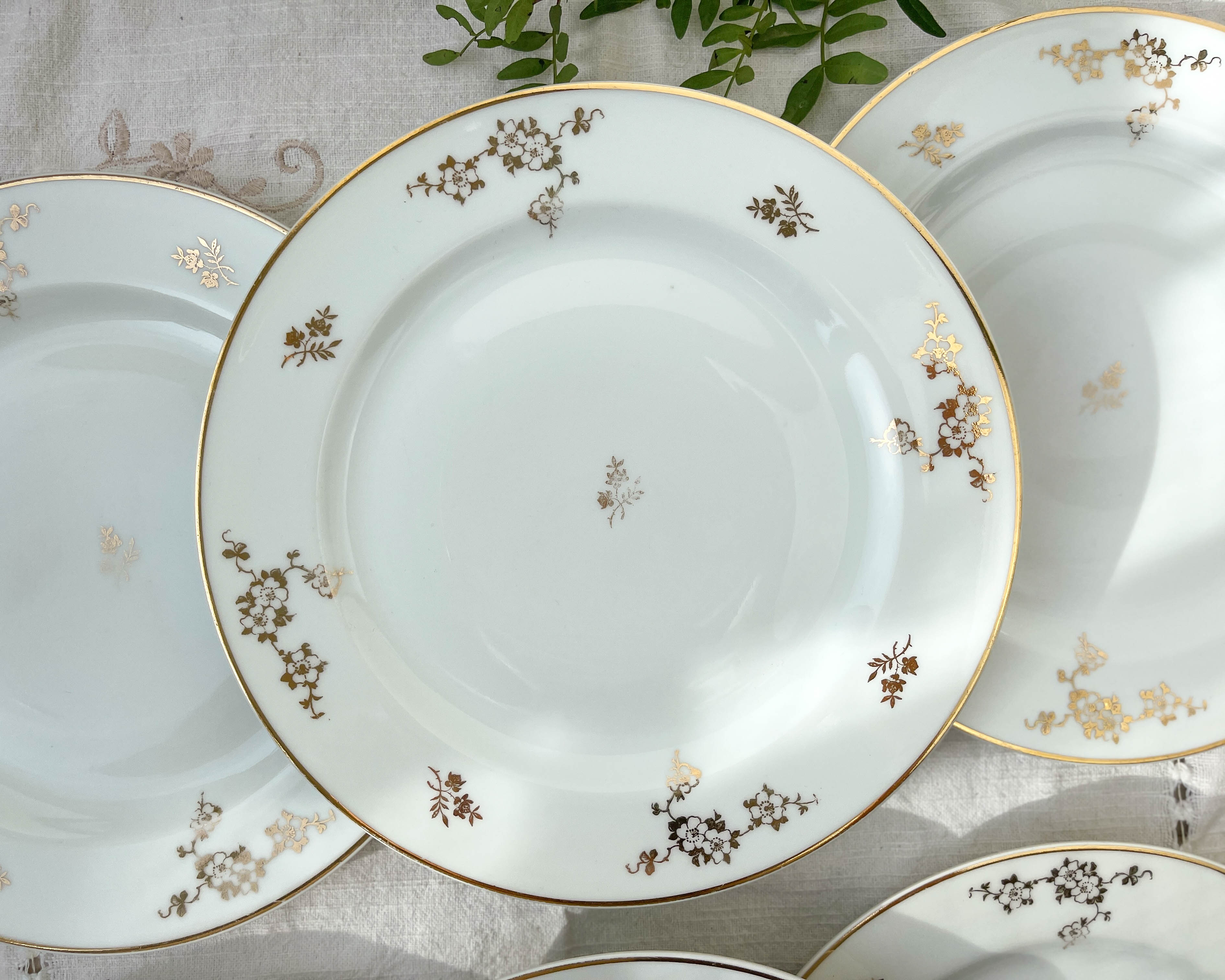 6 flat plates porcelain Limoges golden white
