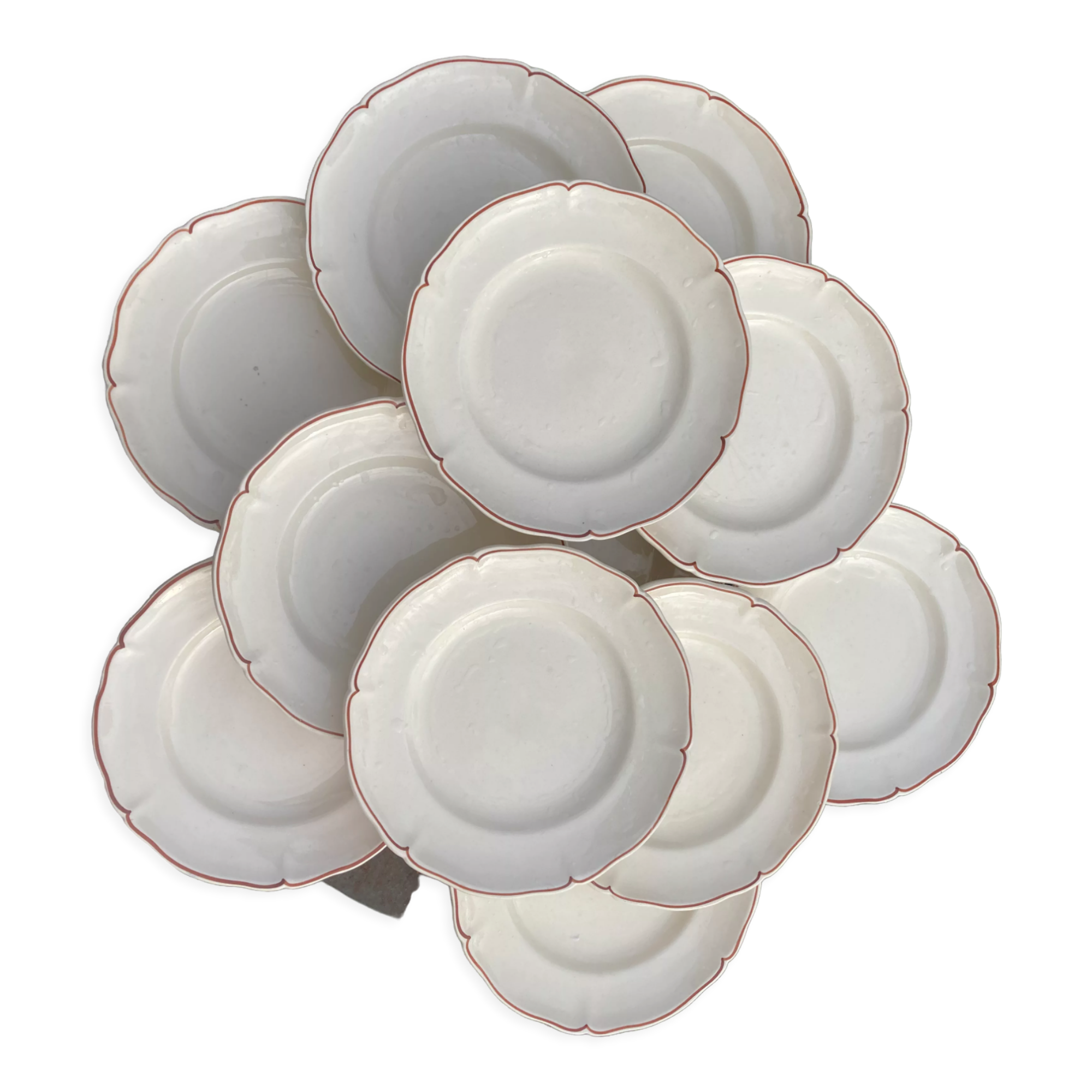 12 white old flat plates with brown fillet