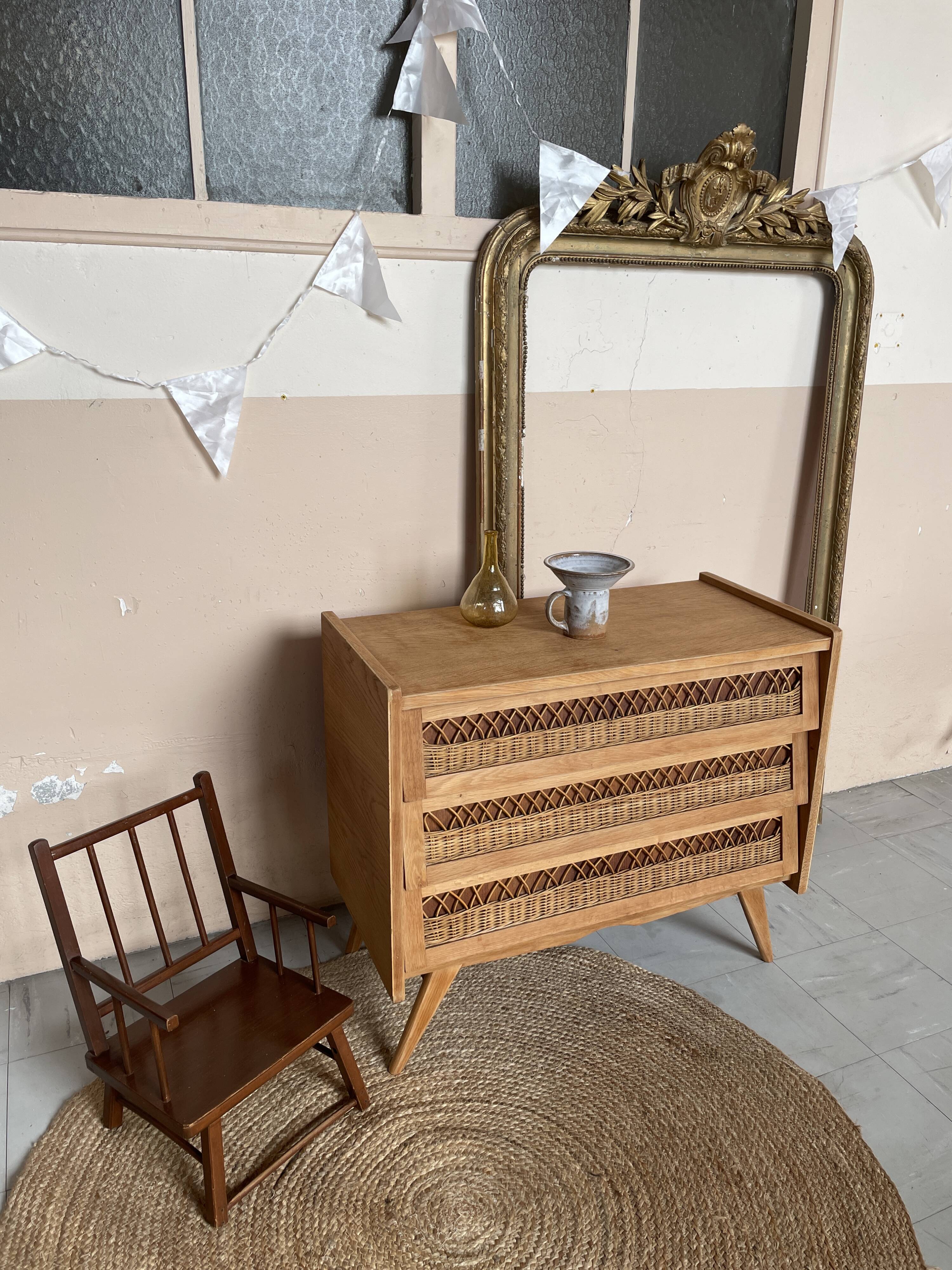 Commode Vintage Bois et Rotin
