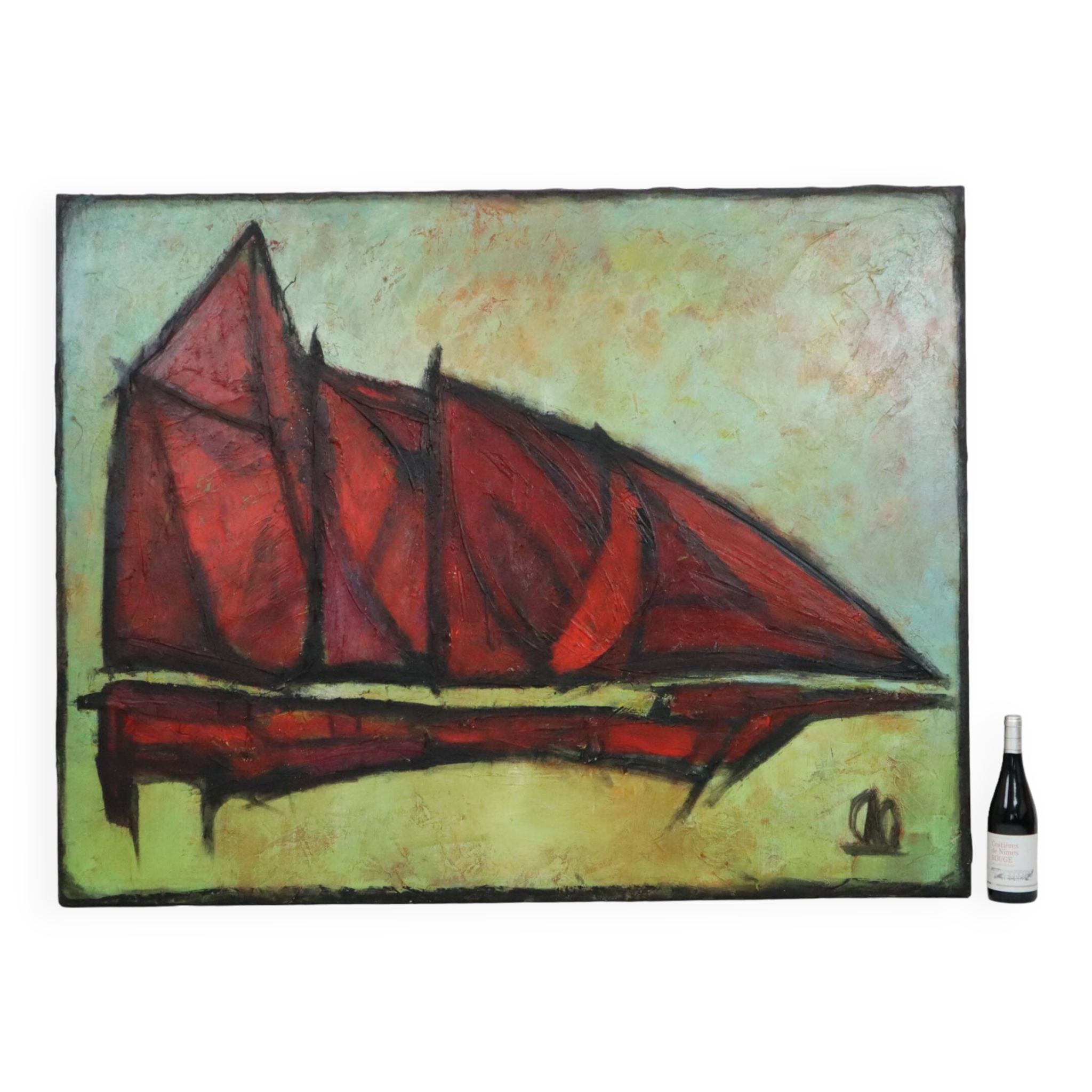 Abstract Boat Art Oil On Canvas XL Huge Painting Signed 146x114cm