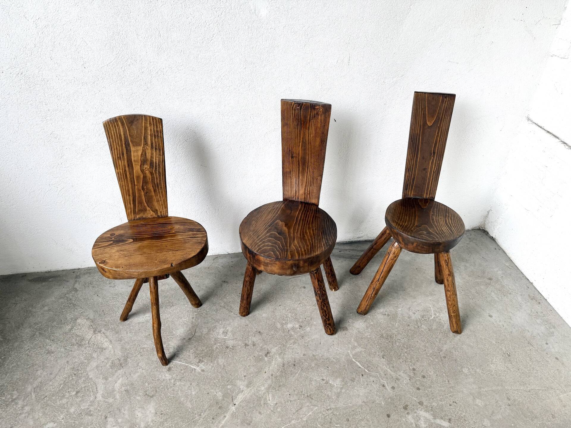 Set of three alpine chairs in solid pine, France, 1950s.
