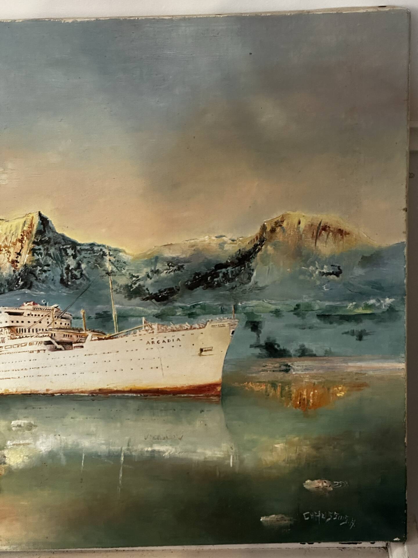 Oil on canvas Alain Chaussois (1950-2018) – Ocean liner Arcadia in the