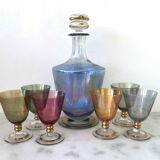 Set of 6 colored glasses and decanter