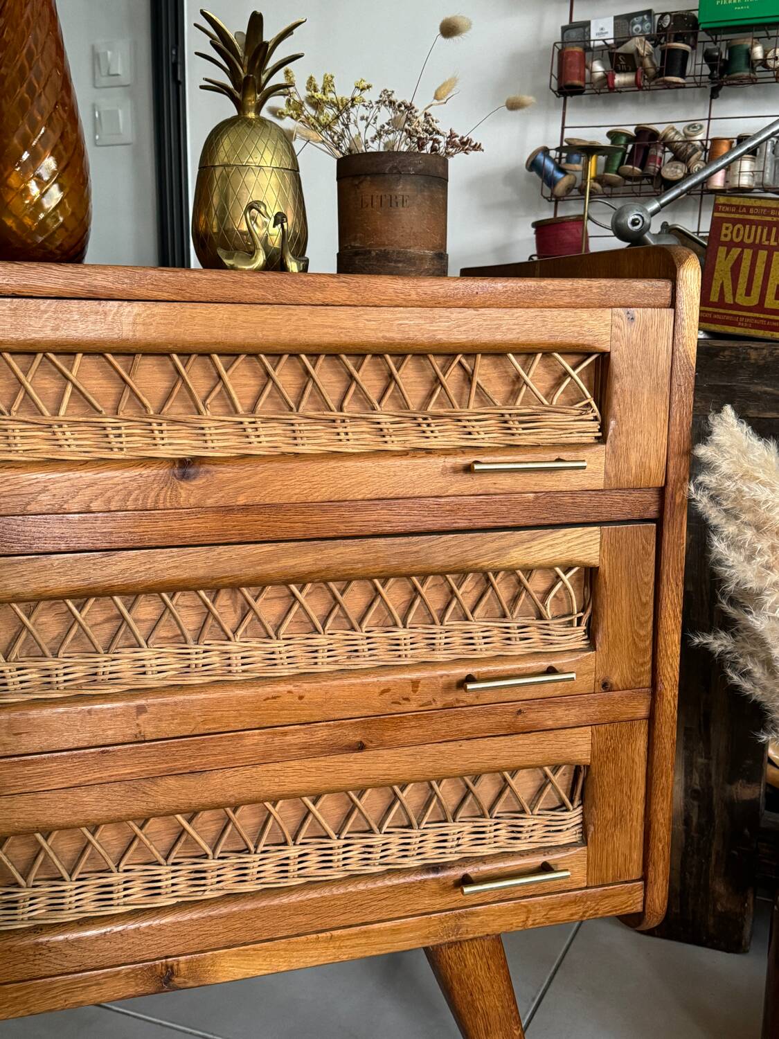 Old vintage wooden and rattan chest of drawers