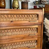 Old vintage wooden and rattan chest of drawers