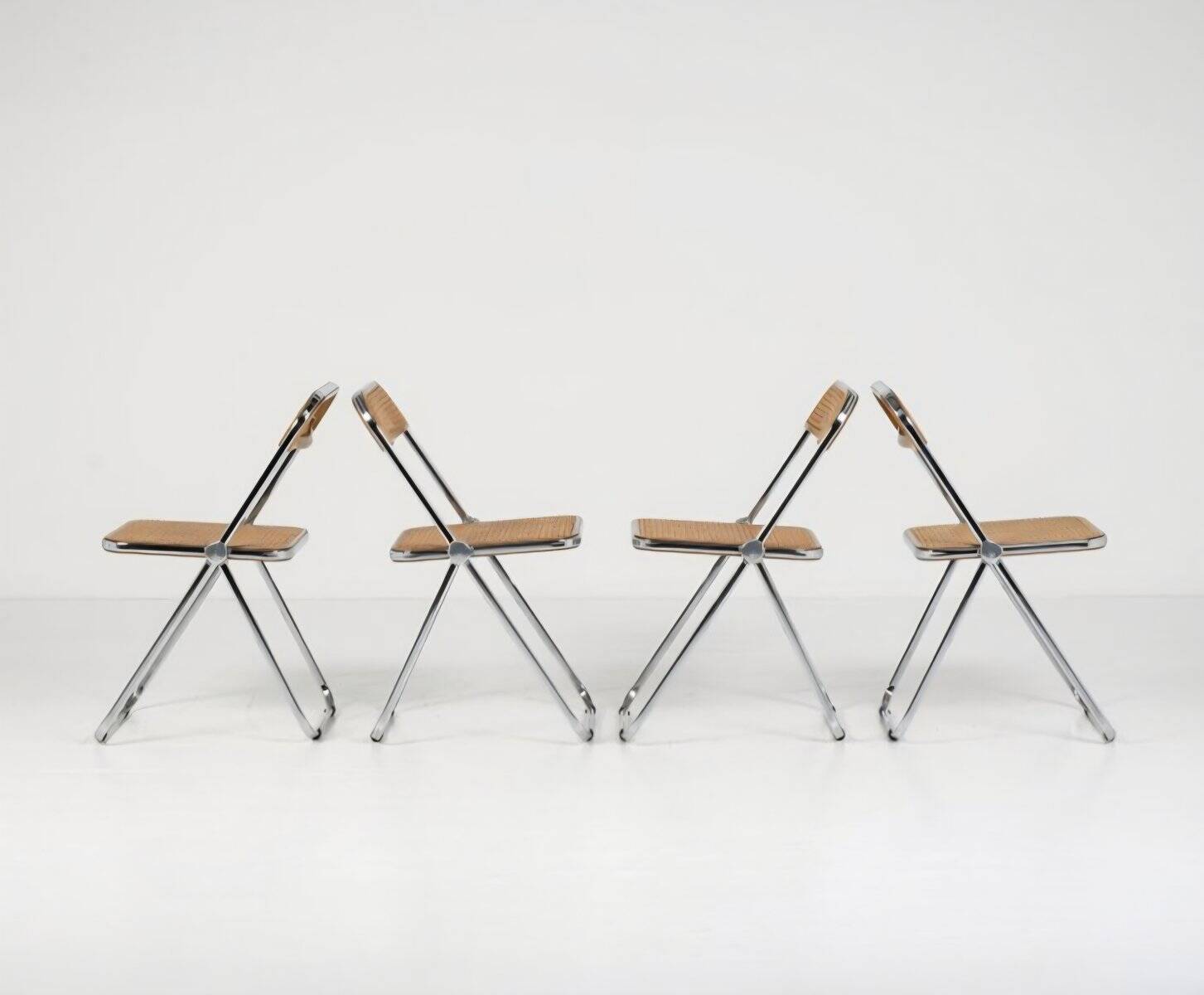 Vintage Plia Folding Chair in Vienna Straw by Giancarlo Piretti for Anonima Castelli, 1970s, Set of 5