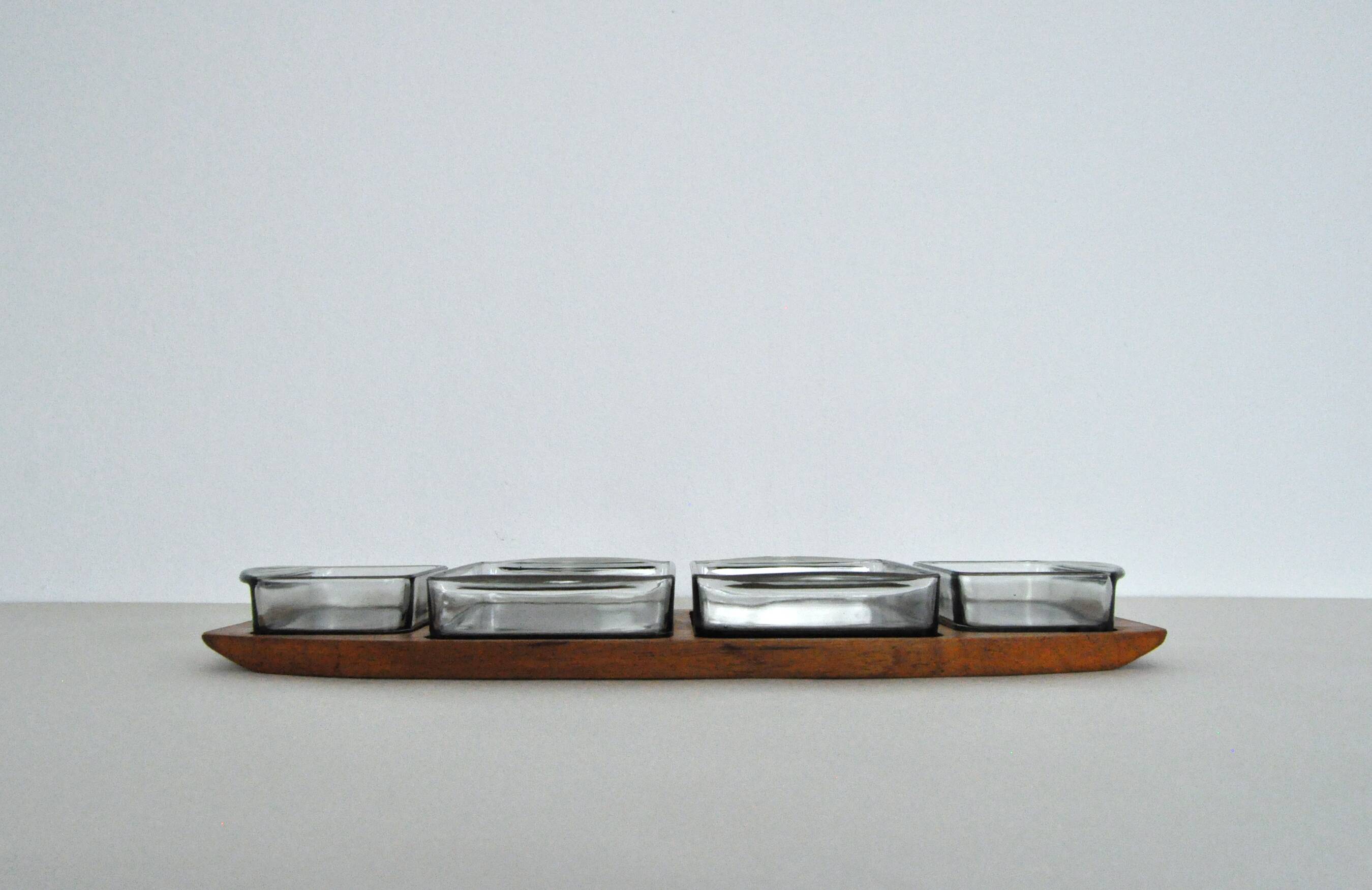 Danish Modern Teak Serving Tray with Glass Bowls, Denmark, 1960s