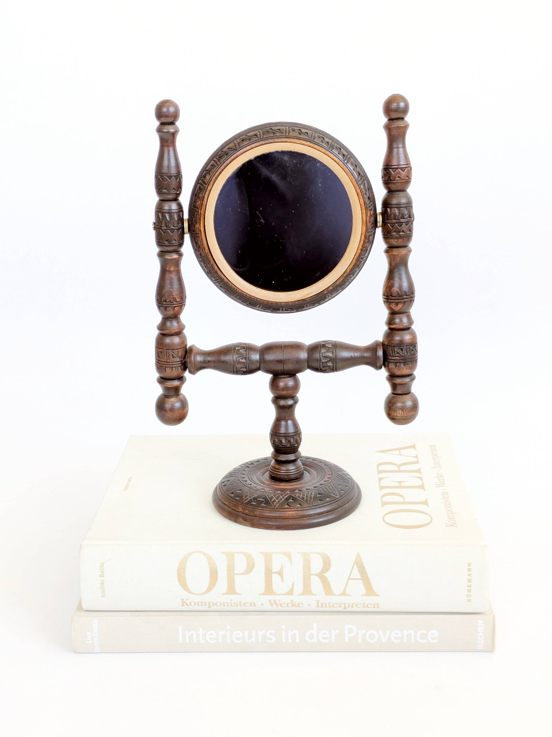 Vintage pivoting mirror to place, carved wood, rustic folk art decor.