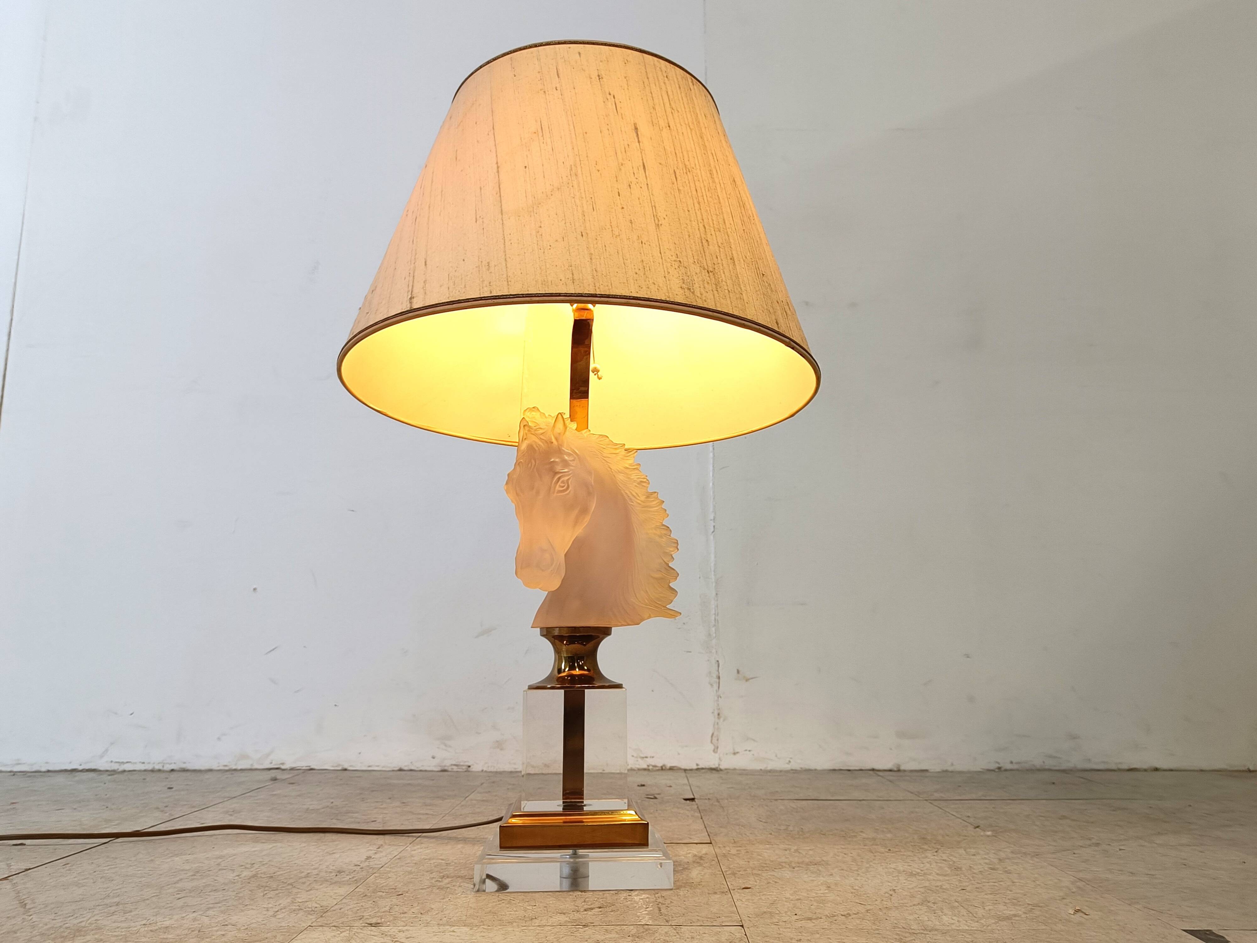 Brass and glass horse head table lamp, 1970s France
