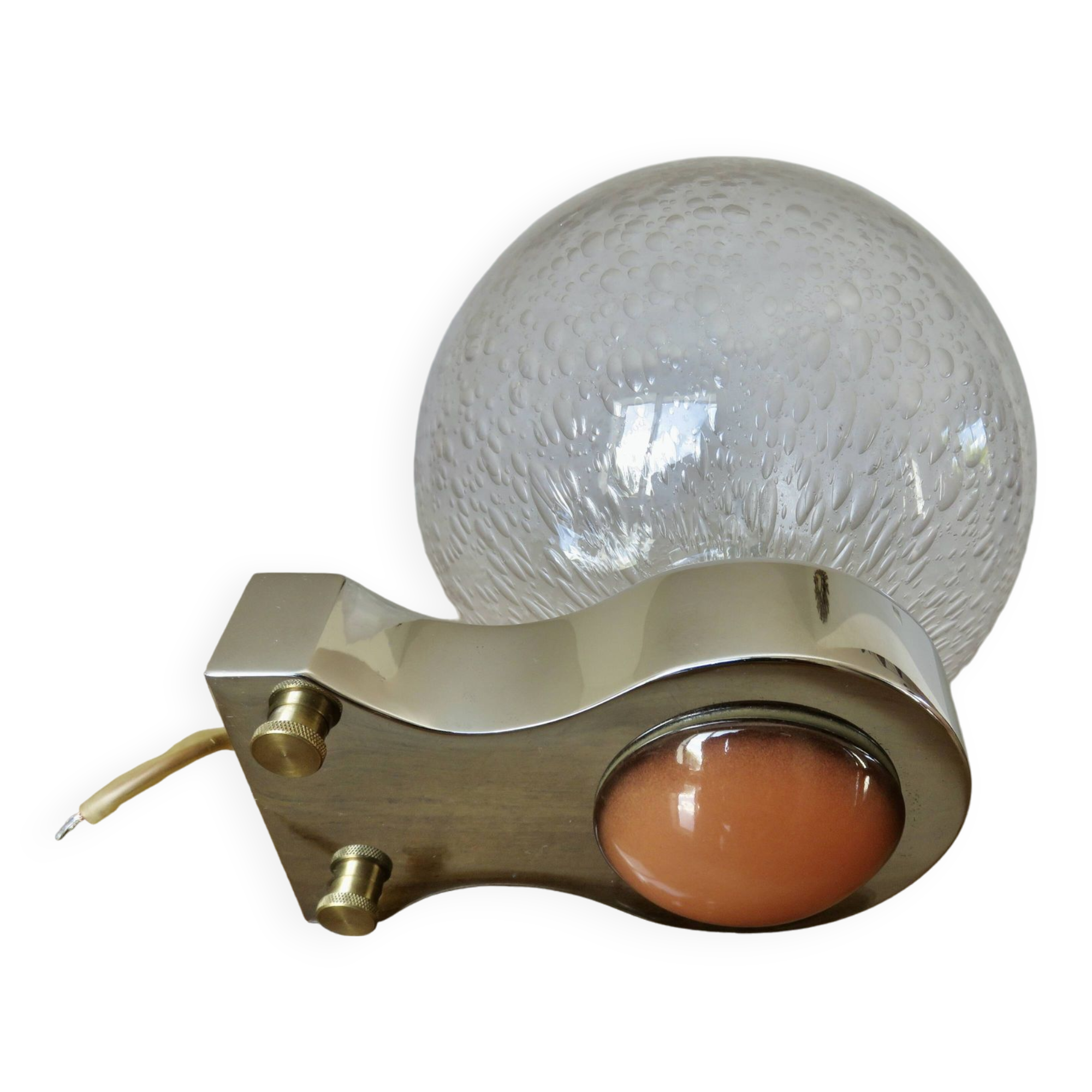 Applique Italienne en laiton chromé, céramique et verre bullé 1970